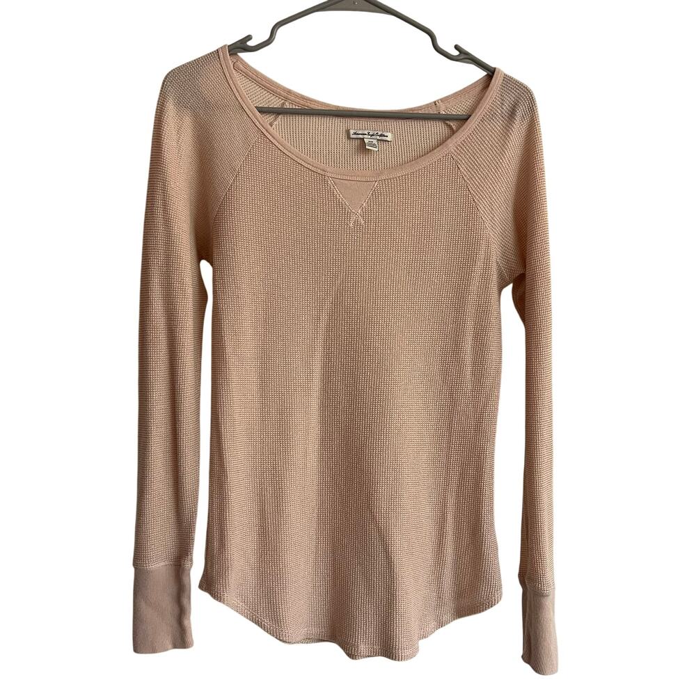 American Eagle Women's Waffle Knit Pull Over Scoop Neck Top Size M Metallic Pink